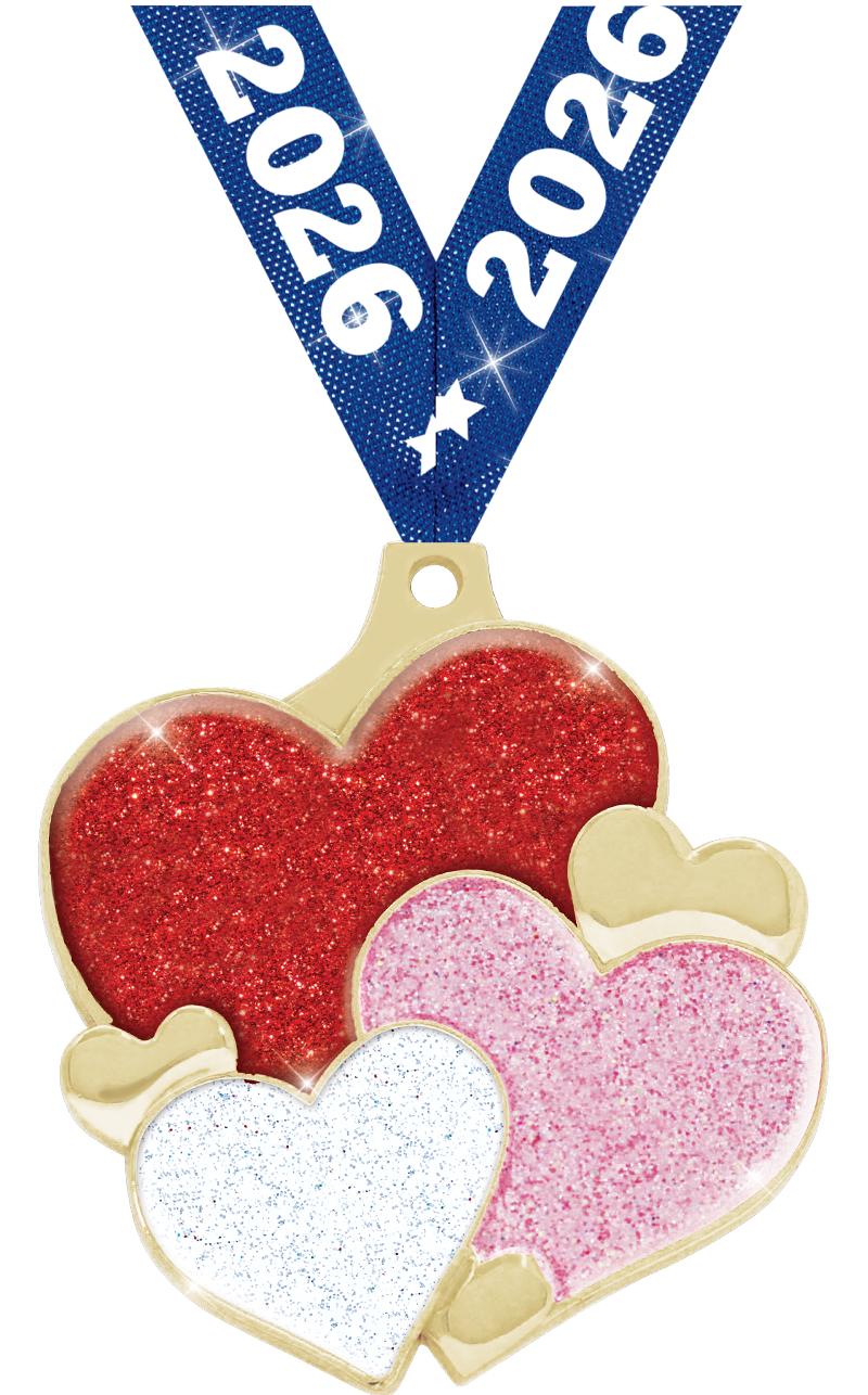 2" HEARTS GLITTER GOLD MEDAL