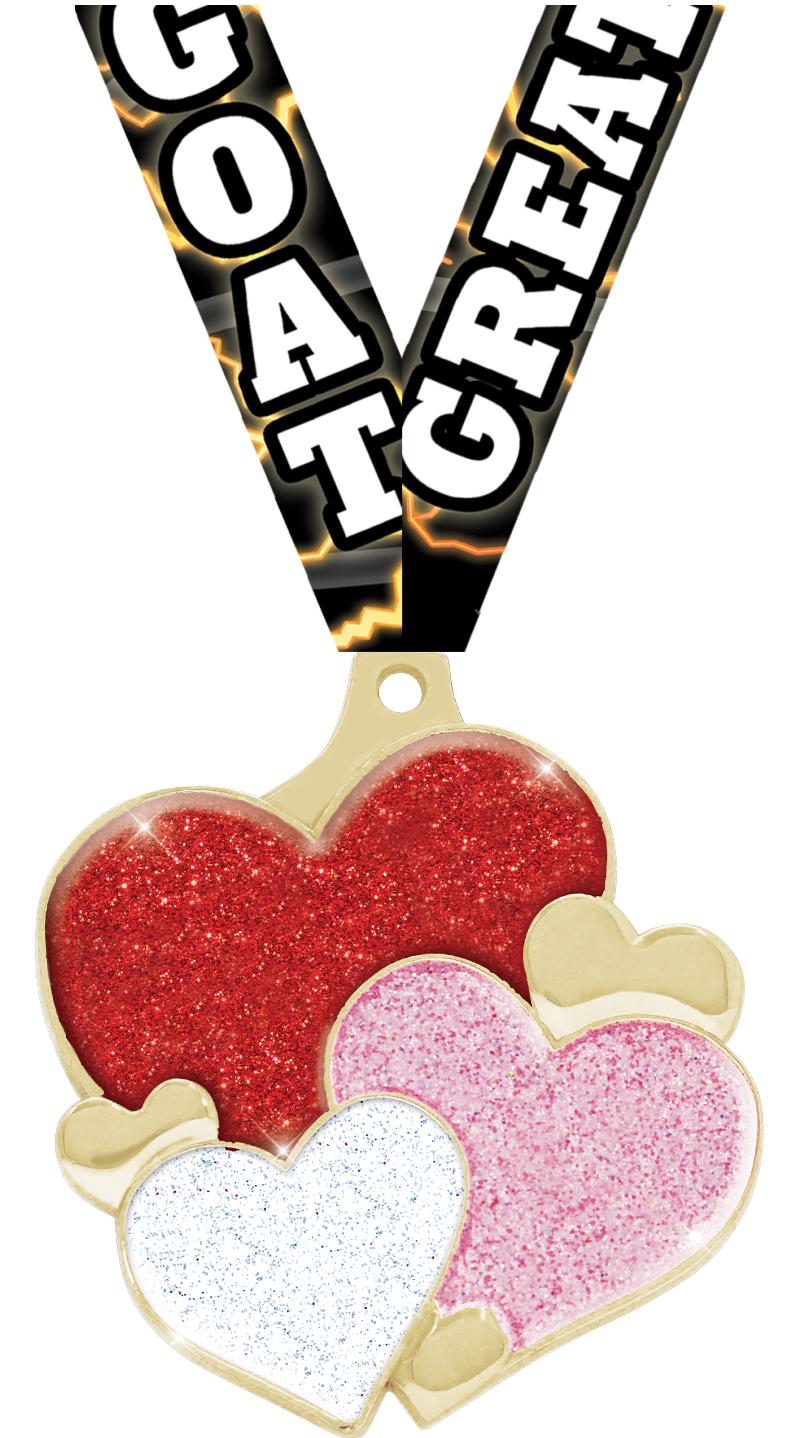 2" HEARTS GLITTER GOLD MEDAL