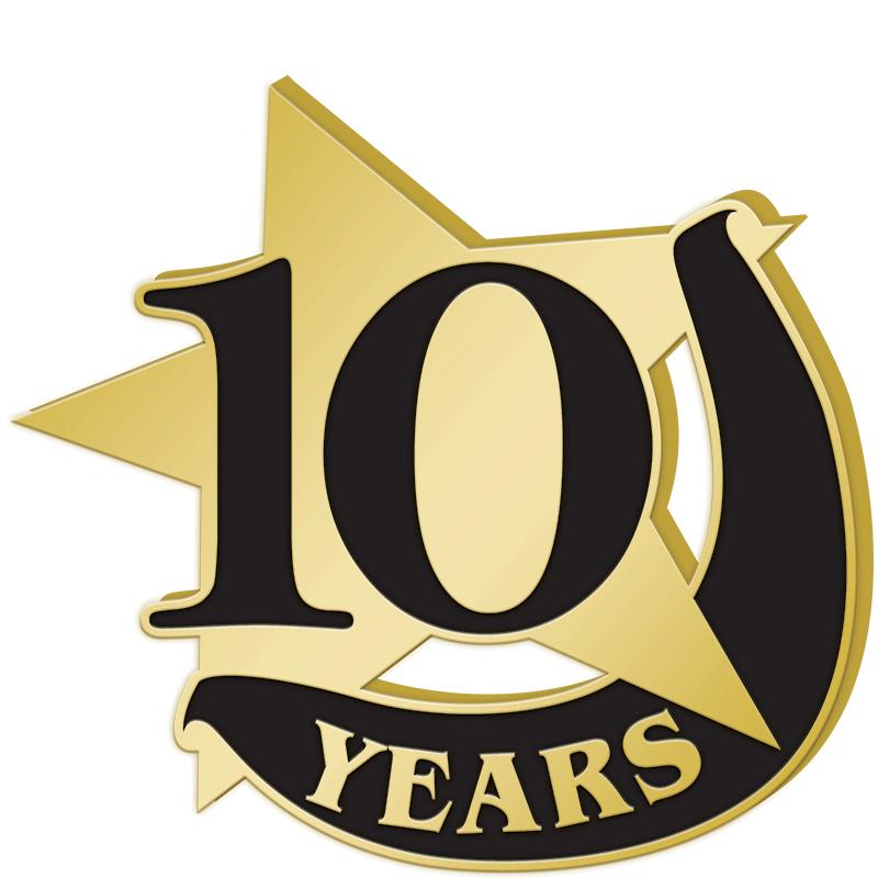 1"Wx1"H 10YEAR RECOGNITION PIN